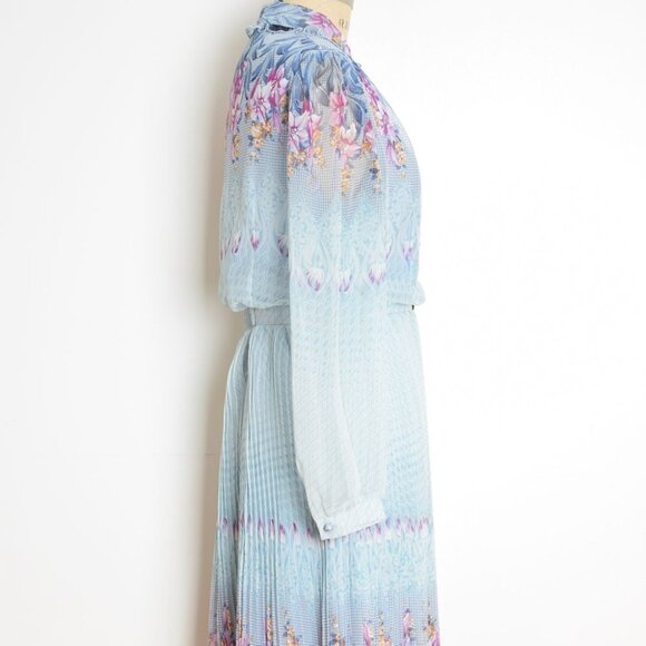 vintage 80s dress blue floral border print secretary belted pleated midi L - Picture 9 of 13